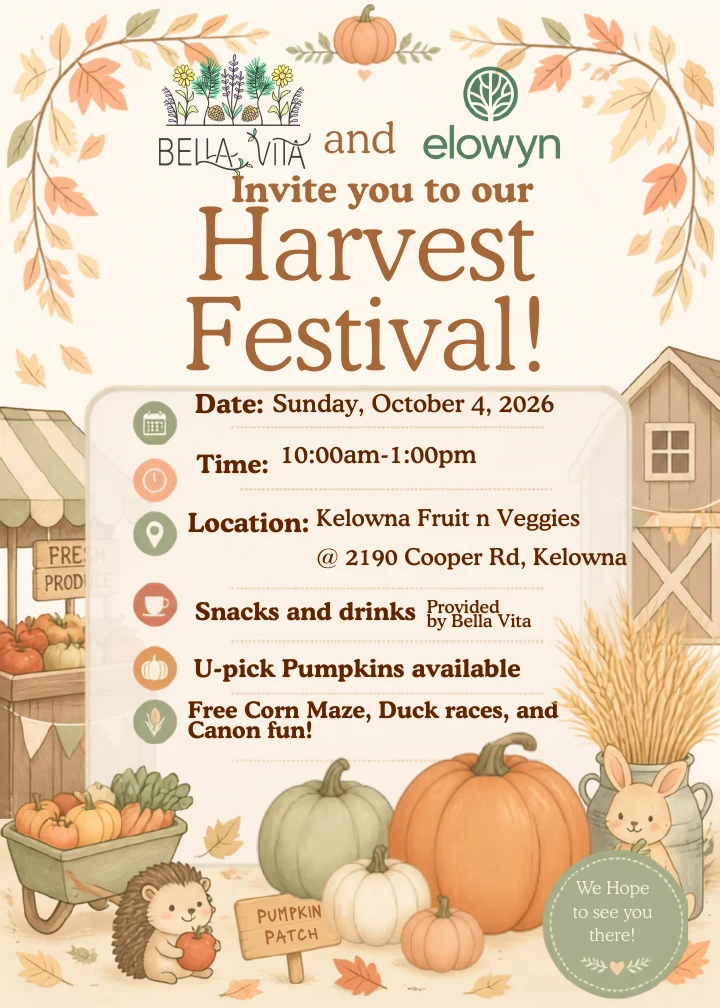 Bella Vita and Elowyn Harvest Festival invitation with pumpkins, fall leaves, and event details